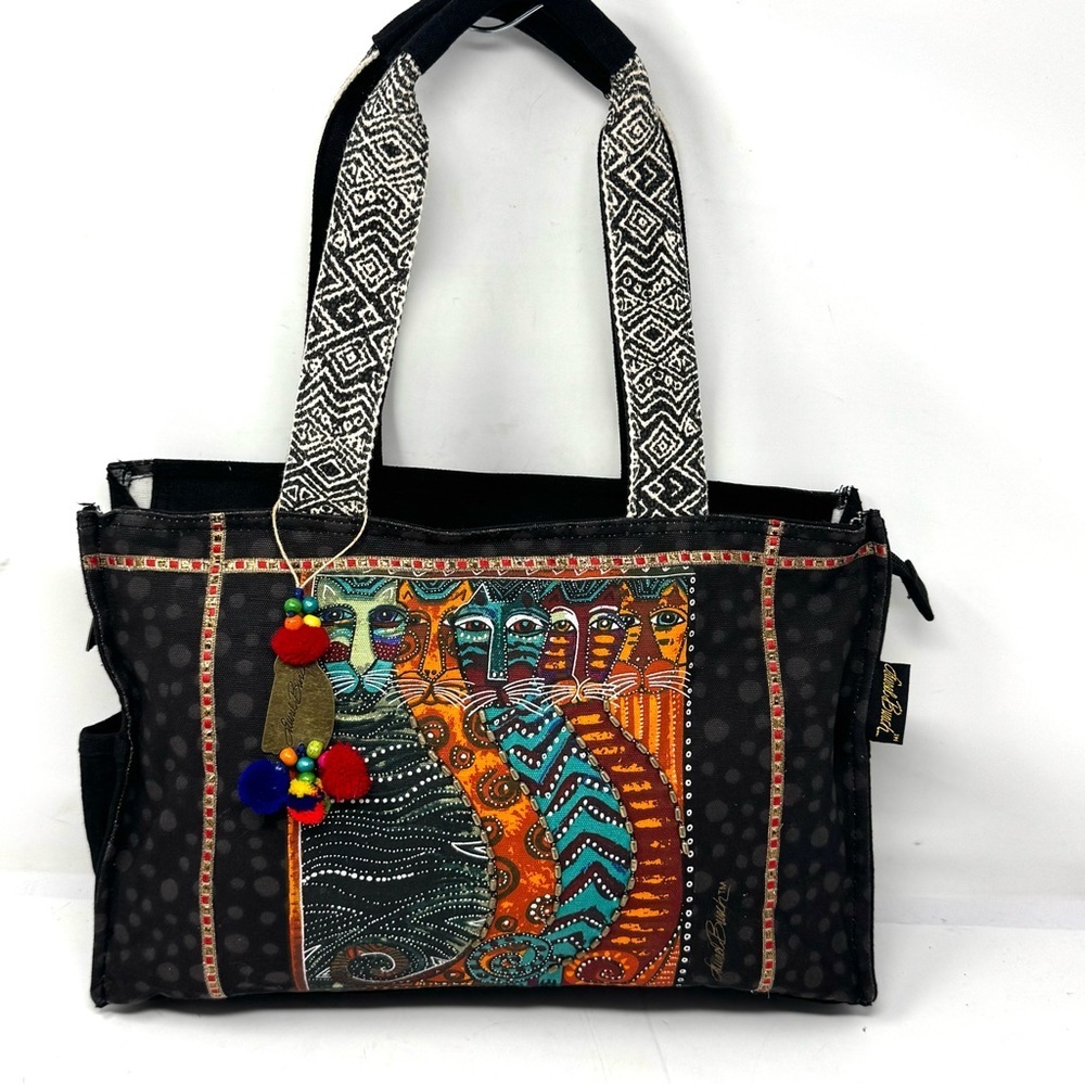 NEW Laurel Burch Fantastic Felines Cat Shoulder Tote Bag Purse Beaded Black